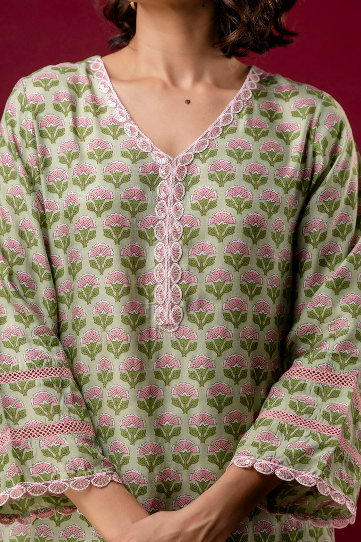 Pistachio Green Muslin Co-Ord Set with Embroidered Laces — Refined Comfort