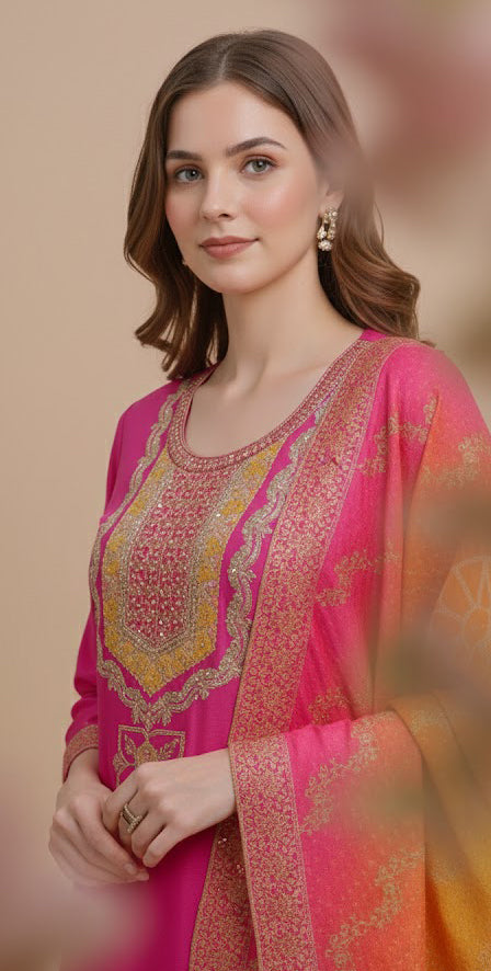 Pink Pure Viscose 3-Piece Ethnic Suit Set