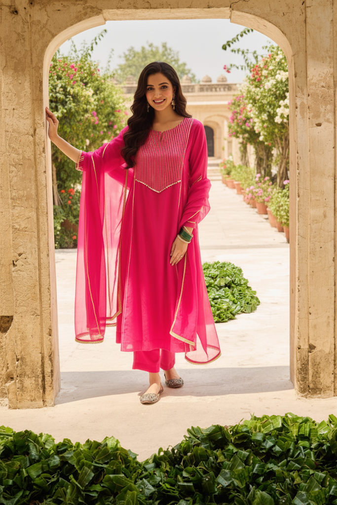 Rani Chanderi Gota Embellished Kurta‑Pant Set with Dupatta