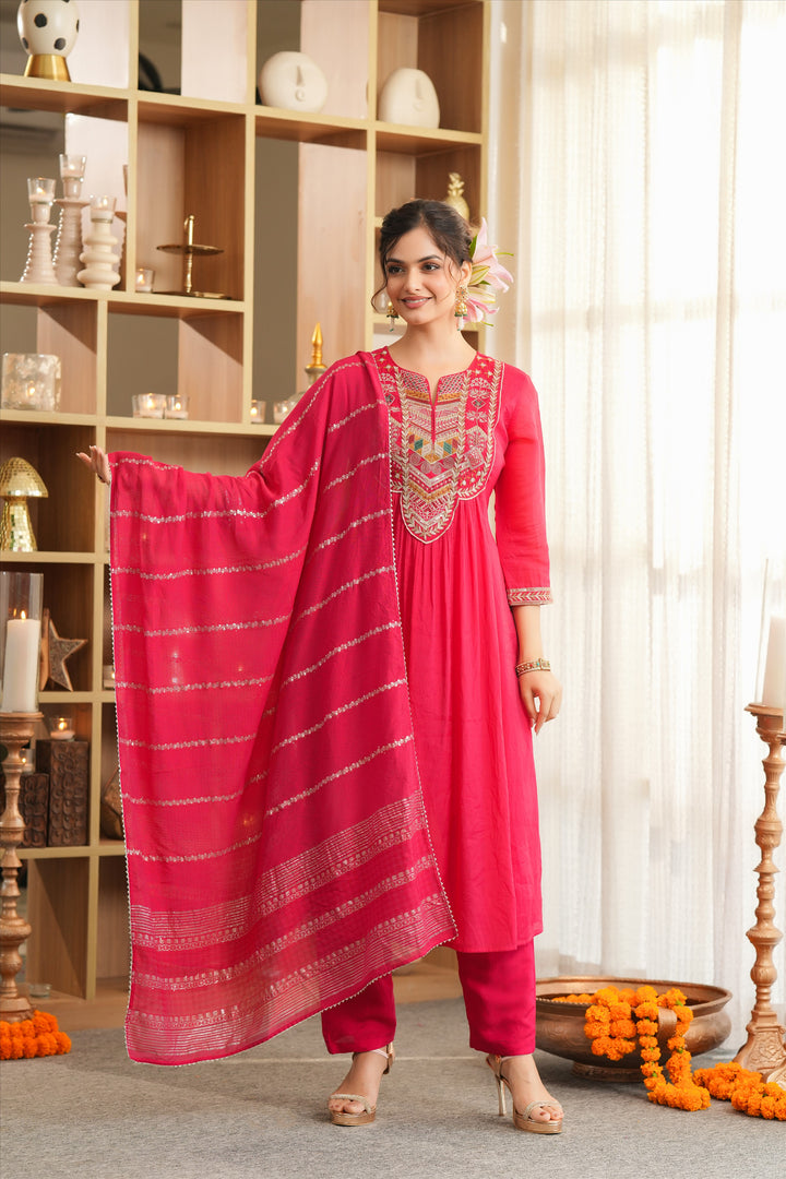 Red Mul Chanderi Thread‑Embroidered Anarkali Suit Set