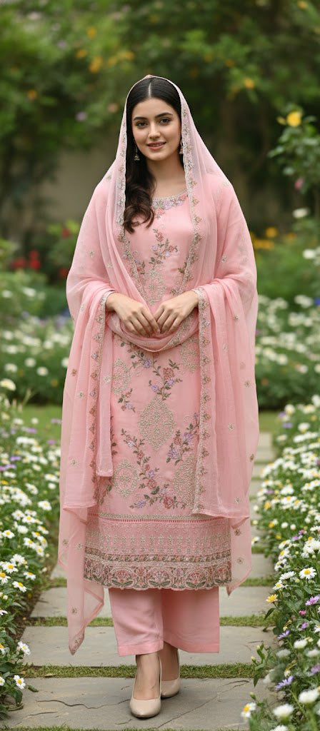 Pink Viscose Organza 3-Piece Ethnic Suit Set – Kurta, Pant & Dupatta