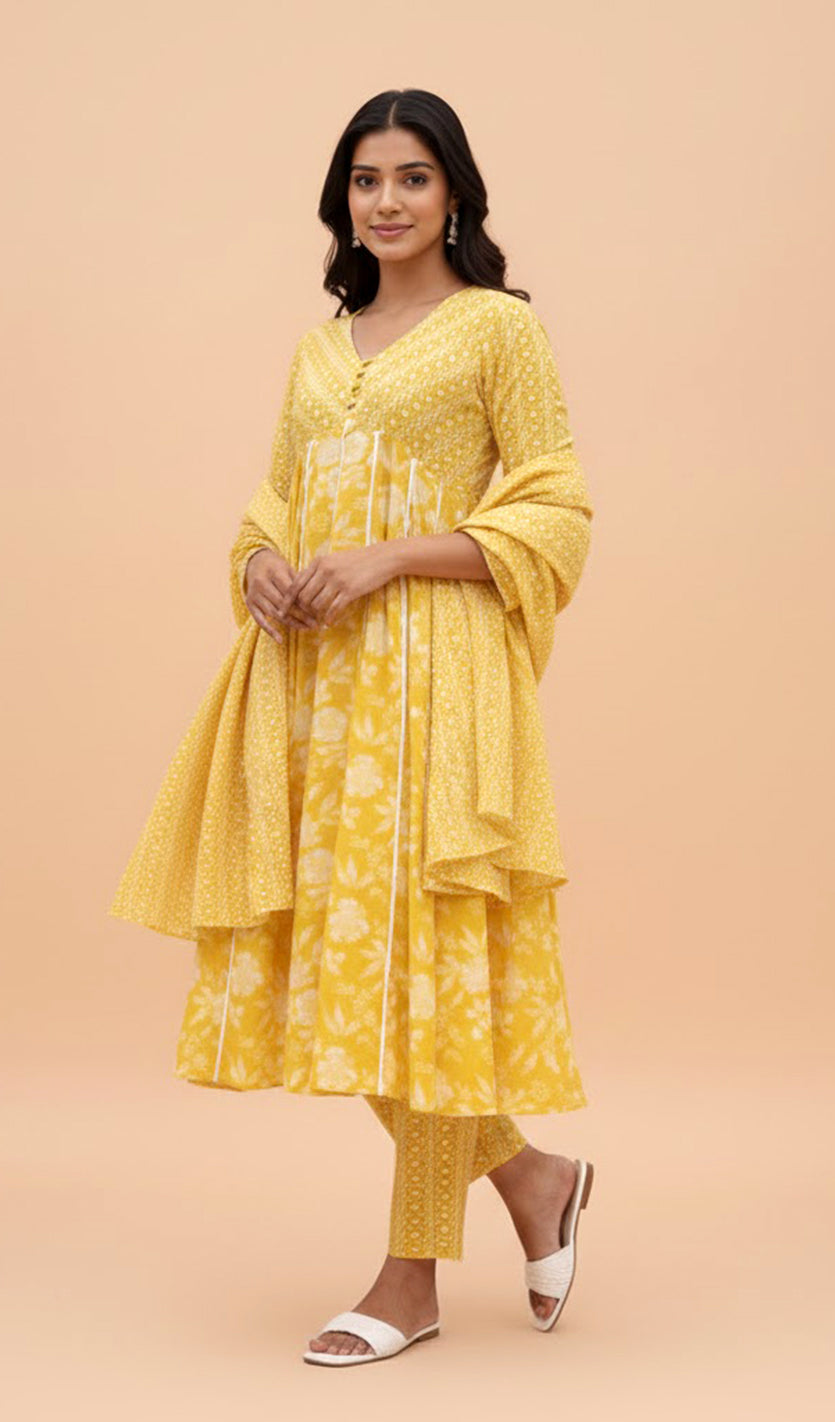 Yellow Floral Anarkali suit set