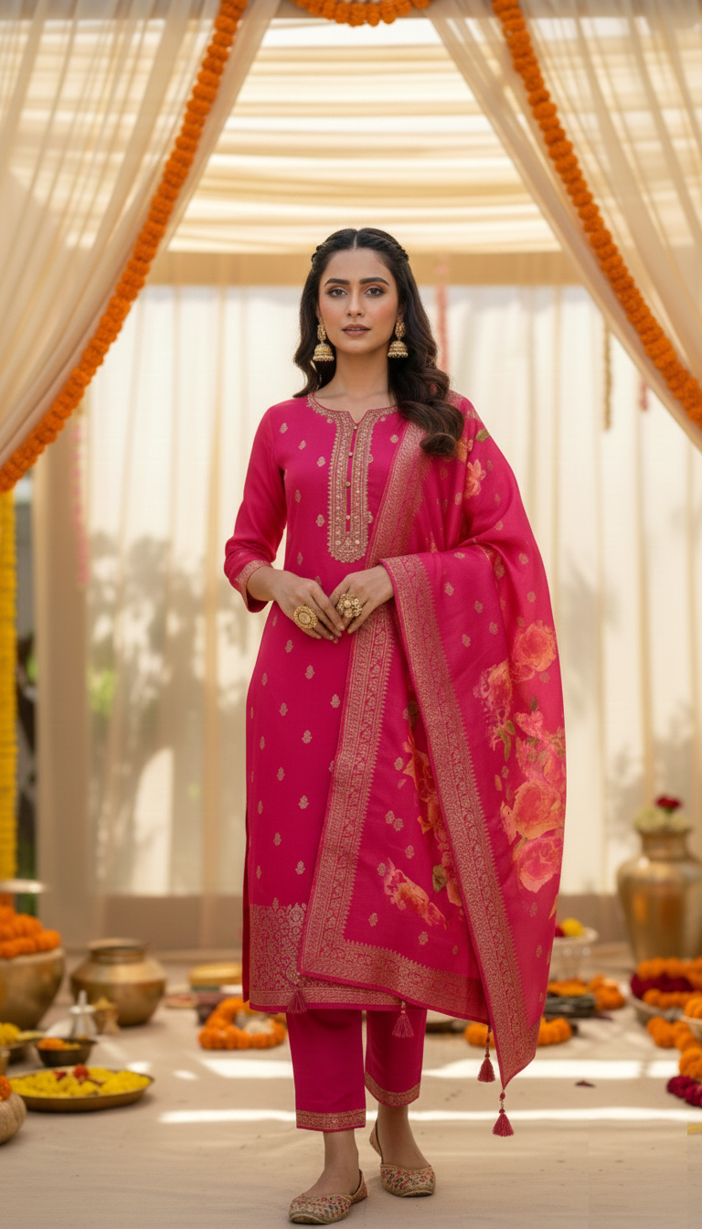 Pink Pure Viscose 3-Piece Ethnic Suit Set – Kurta, Pant & Banarasi Floral Silk Dupatta