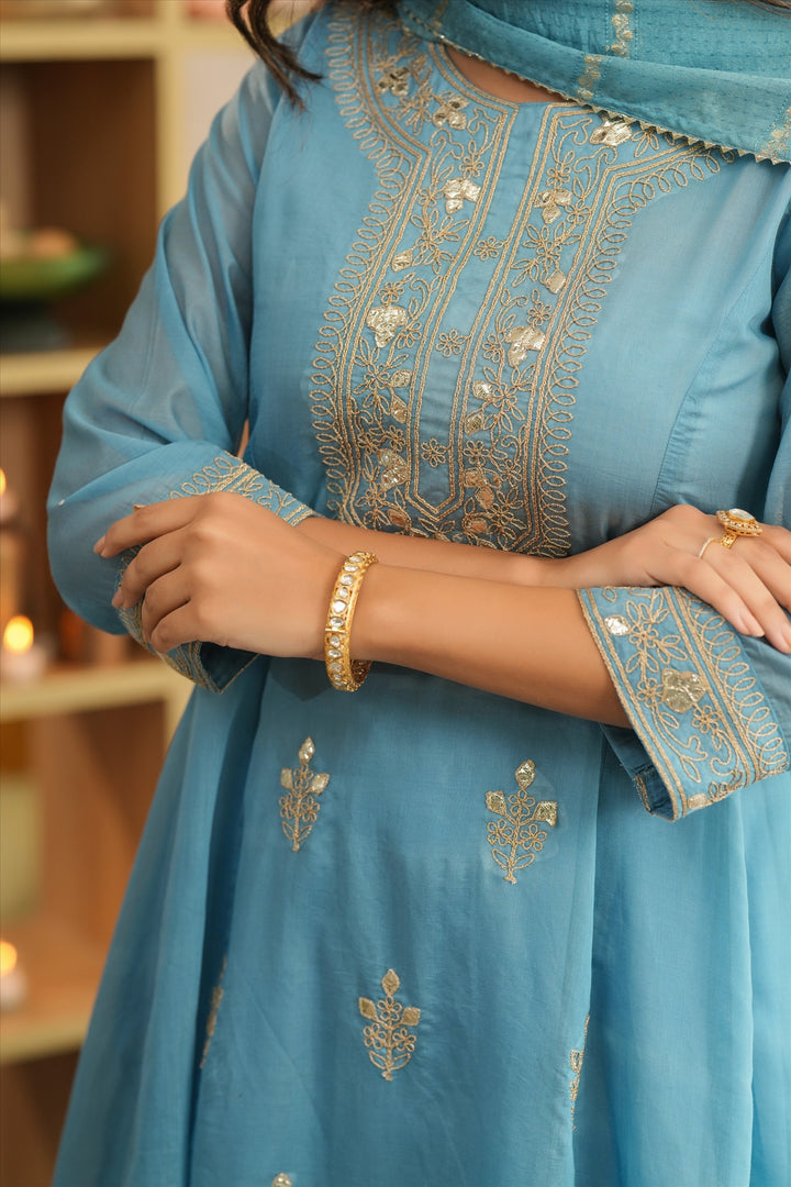 Blue Mul Chanderi Dori Embroidered Anarkali Suit Set