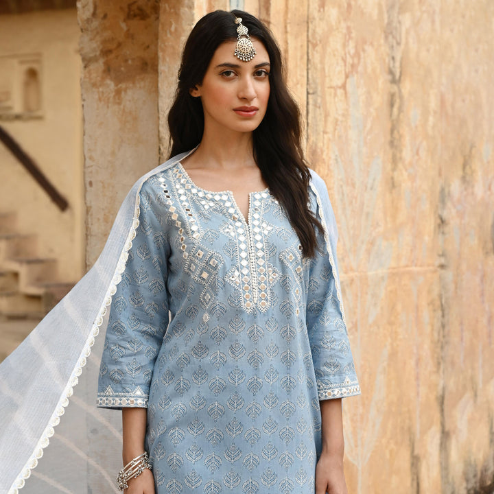 Soft blue Embroidered Cotton Kurta Pant Set with Dupatta