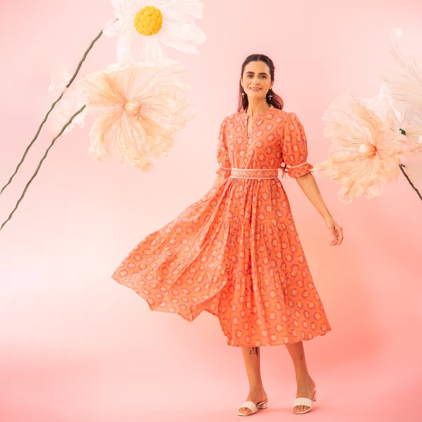 Orange Printed Tiered Maxi Dress with a Belt