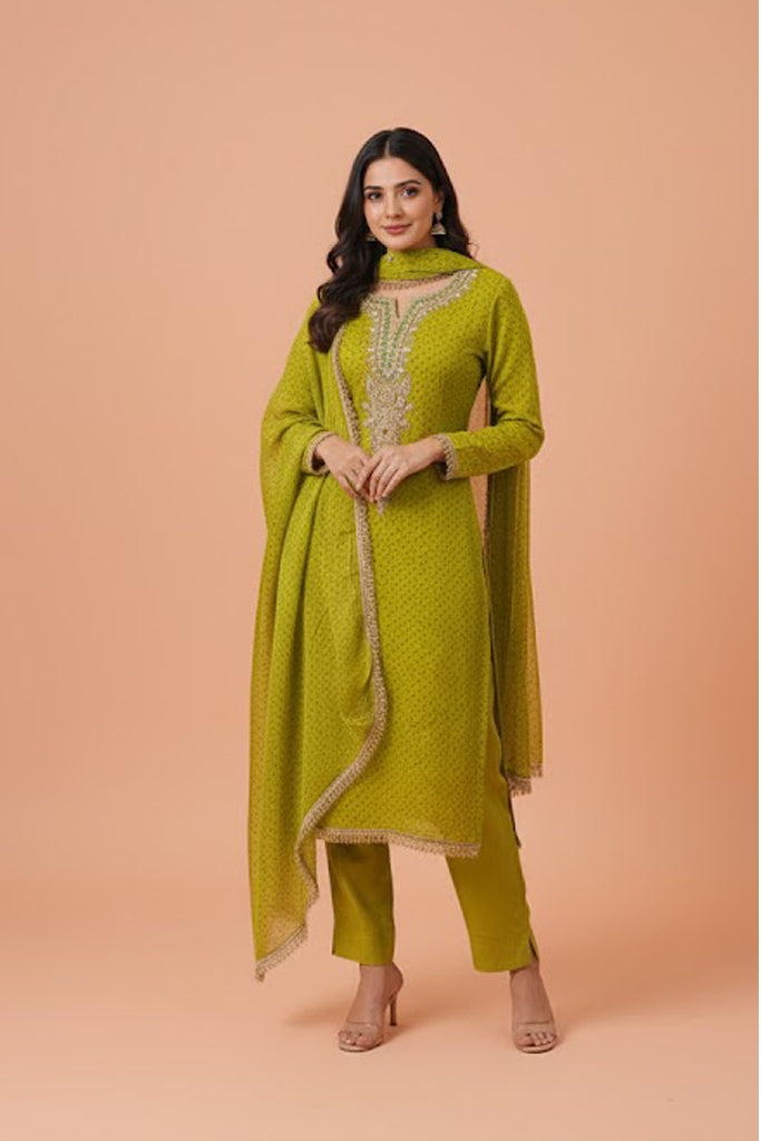 Fresh Green Silk 3-Piece Ethnic Suit Set – Kurta, Pant & Dupatta