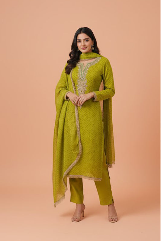 Fresh Green Silk 3-Piece Ethnic Suit Set – Kurta, Pant & Dupatta