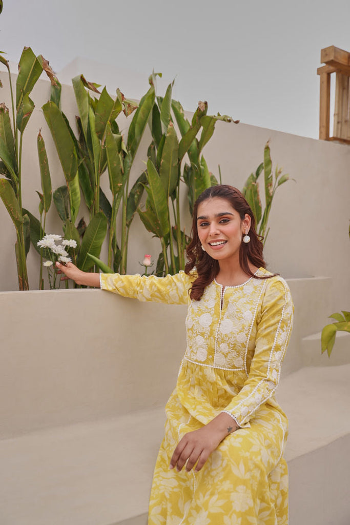 Soft yellow Floral Printed Mulmul Kurta and Pant with Lucknowi Embroidery