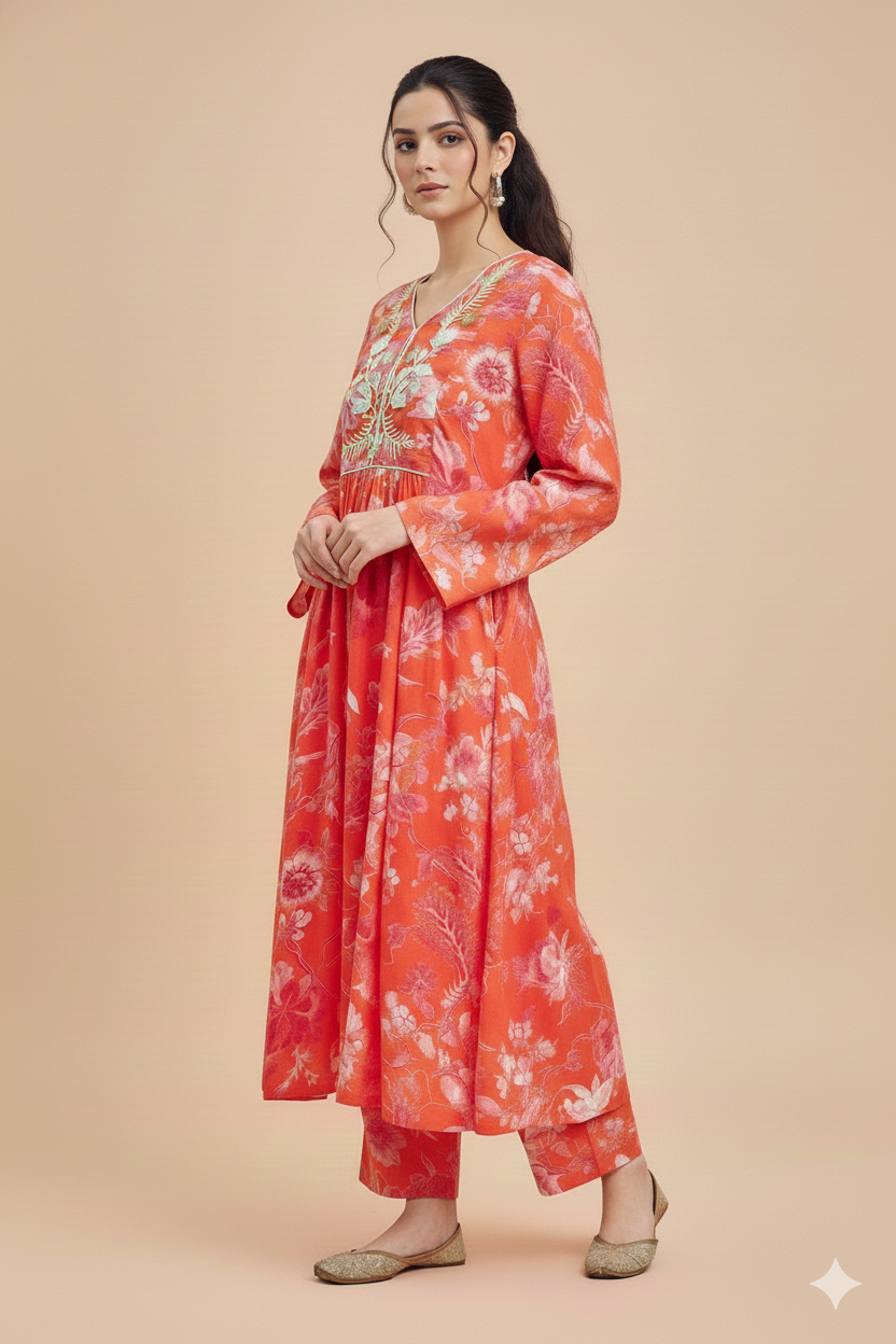 Orange Modal Embroidered Co‑Ord Set