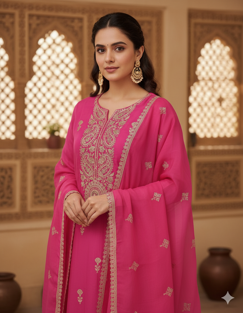 Pink Pure Viscose 3-Piece Ethnic Suit Set – Kurta, Palazo & Embroidered Viscose Silk Dupatta