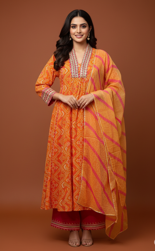 Rust Chanderi Gota Embellished Kurta‑Pant Set with Dupatta