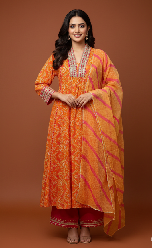 Rust Chanderi Gota Embellished Kurta‑Pant Set with Dupatta