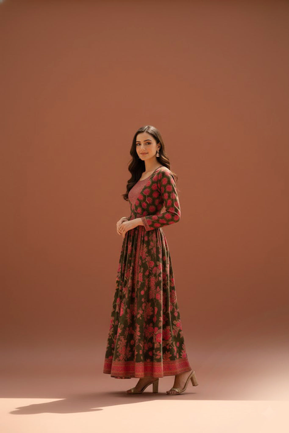 Floral Green Printed Angrakha Kalidaar Kurta