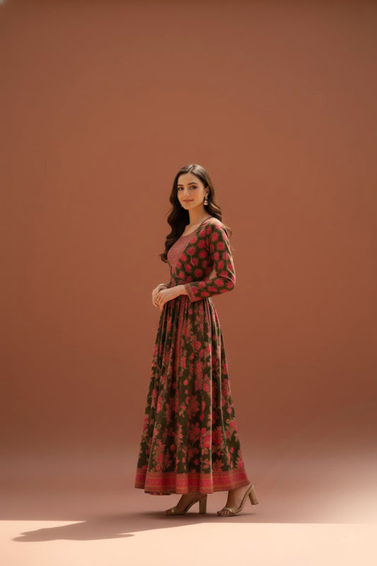 Floral Green Printed Angrakha Kalidaar Kurta