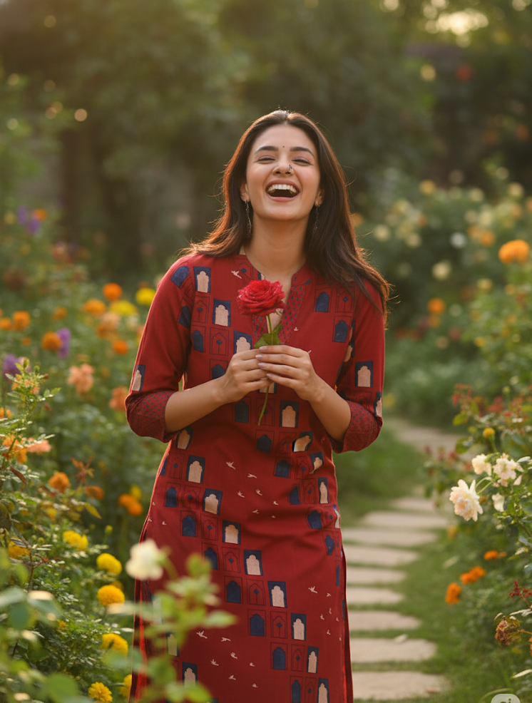 Brick Red Cotton Slub Straight Kurta with Afghani Pants Set