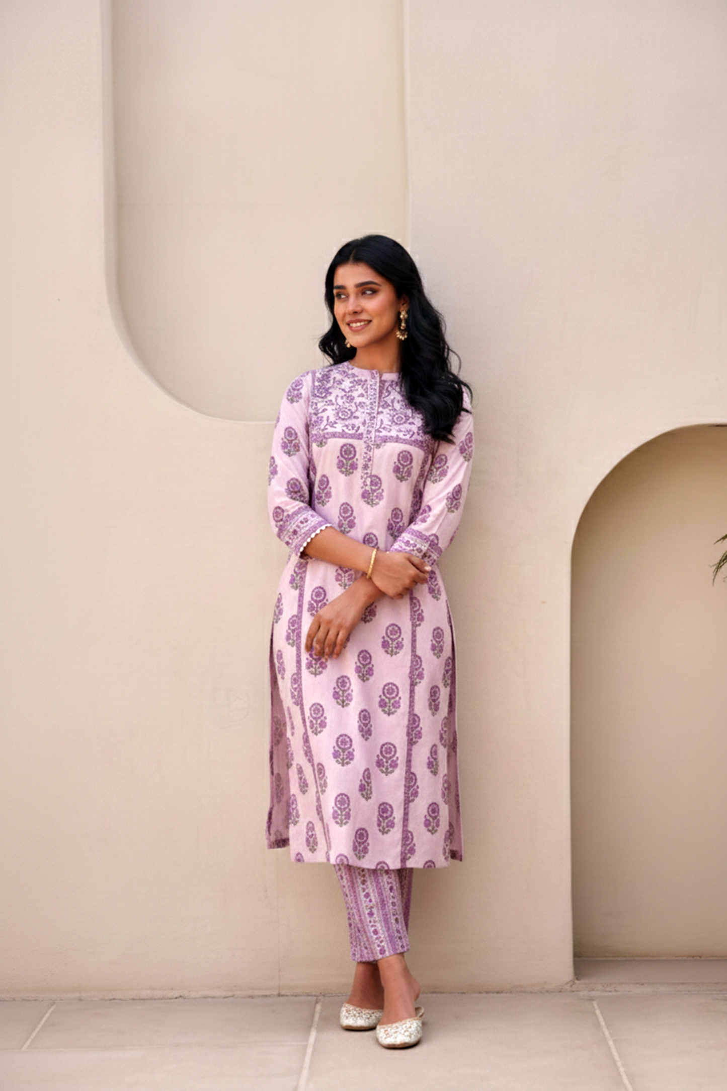 Lavender Printed Cotton Kurta Set (Lace + Sequin)
