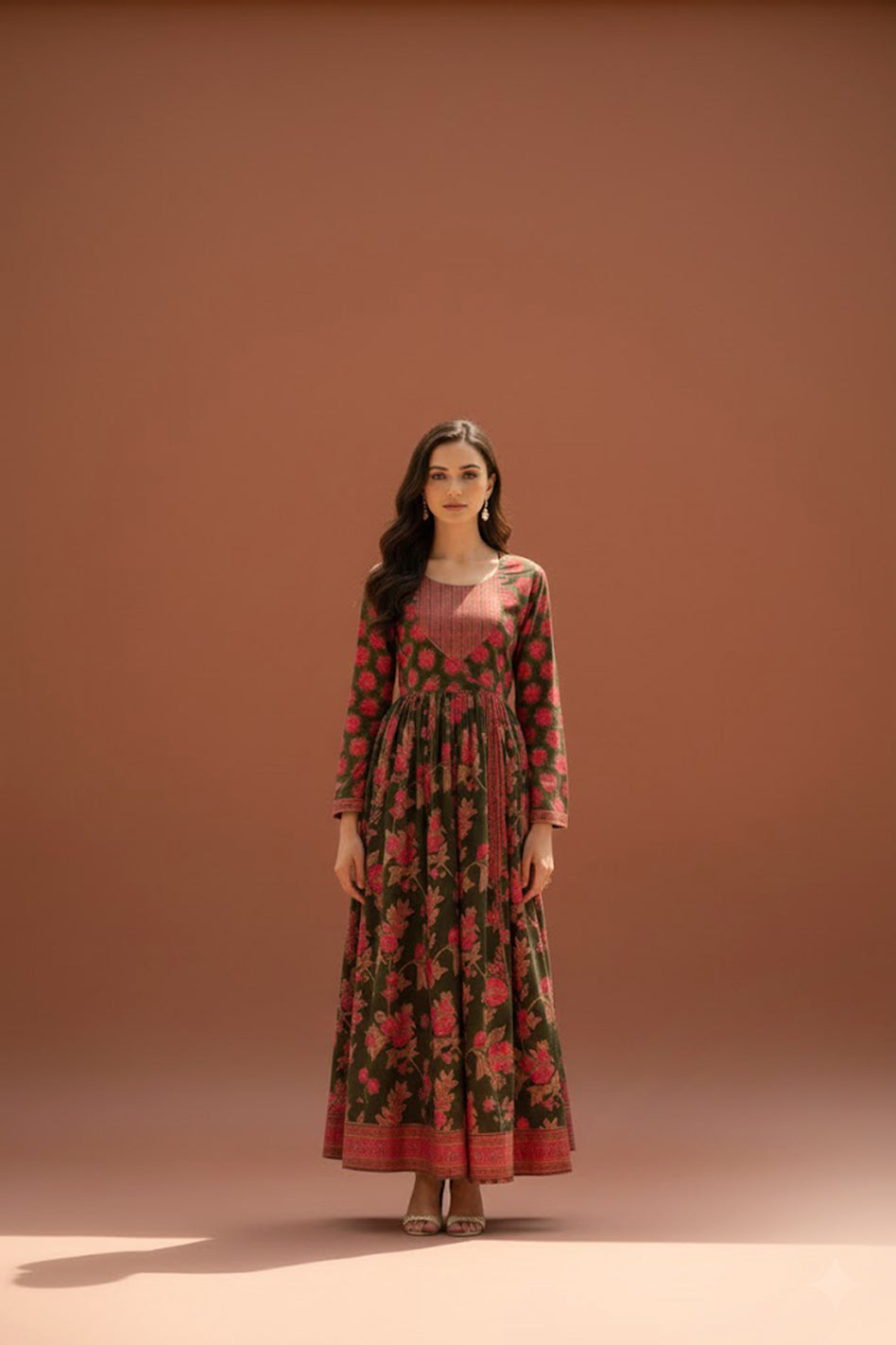 Floral Green Printed Angrakha Kalidaar Kurta