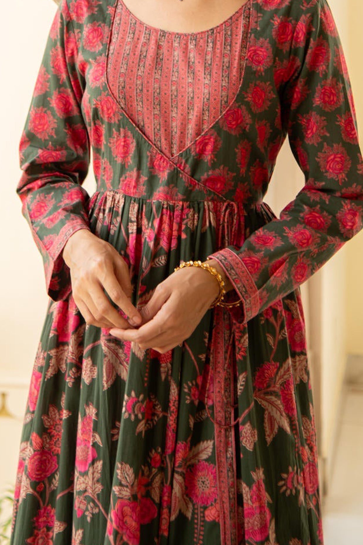Floral Green Printed Angrakha Kalidaar Kurta