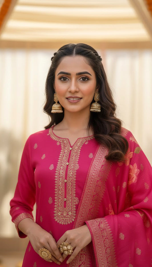 Pink Pure Viscose 3-Piece Ethnic Suit Set – Kurta, Pant & Banarasi Floral Silk Dupatta