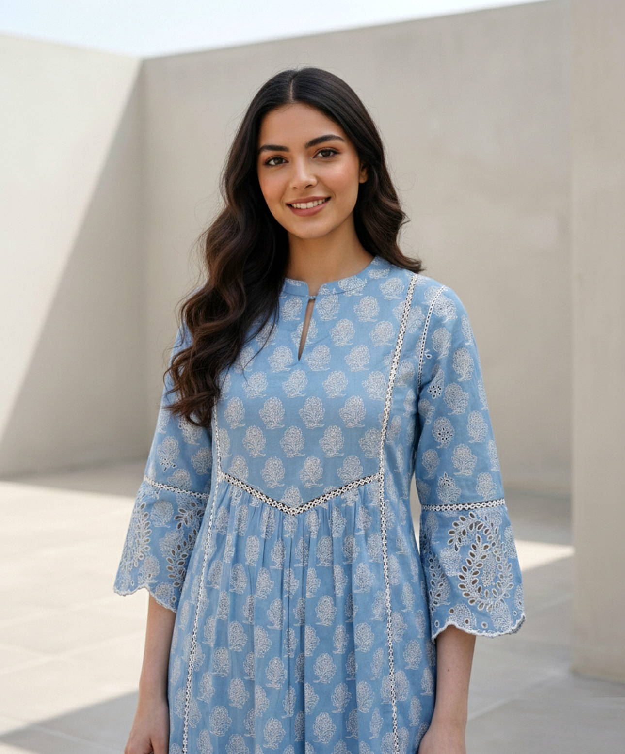 Blue Printed Cotton Kurta with Schiffli Lace & Sequin Work