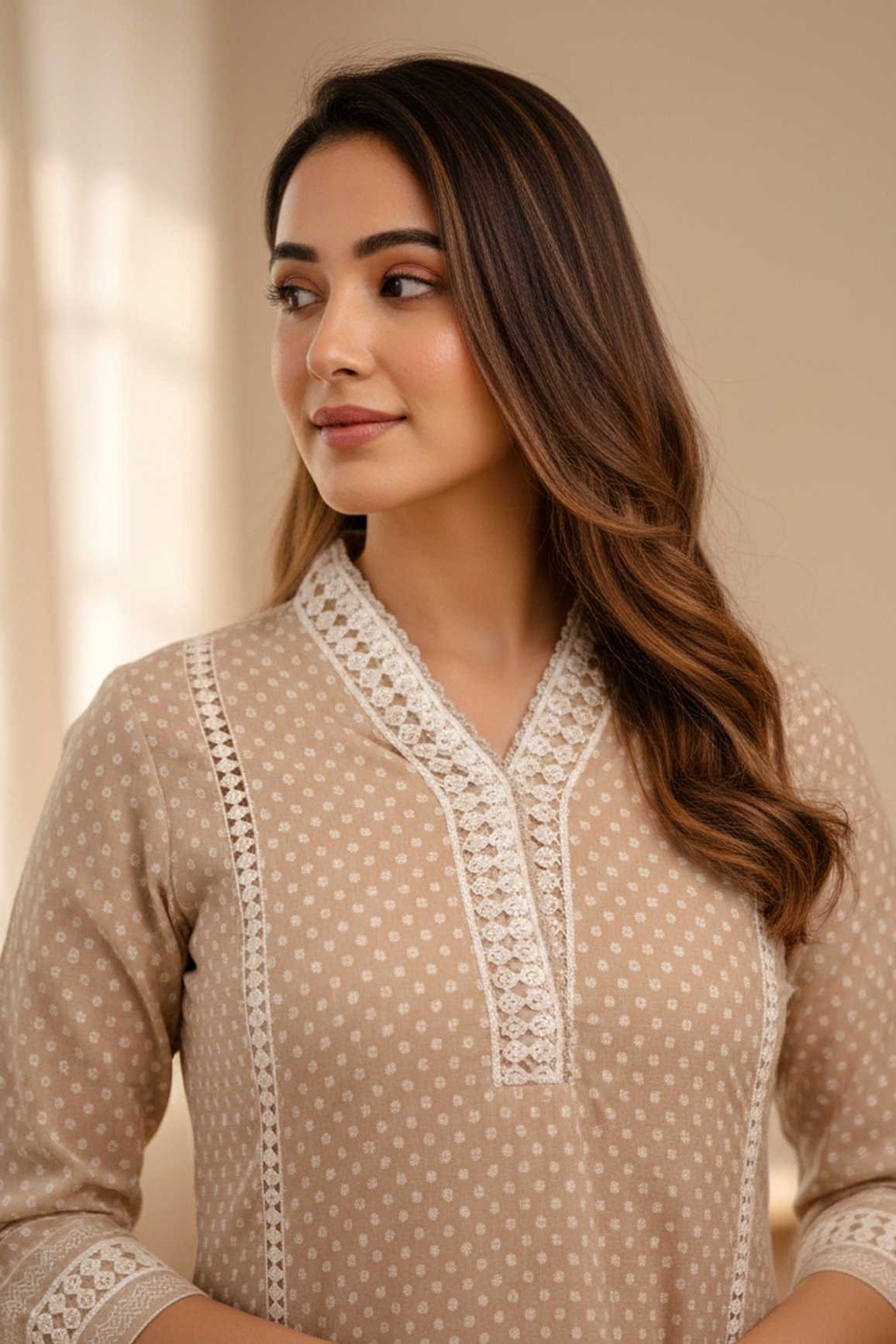 Beige A-Line Kurta with Crochet Lace