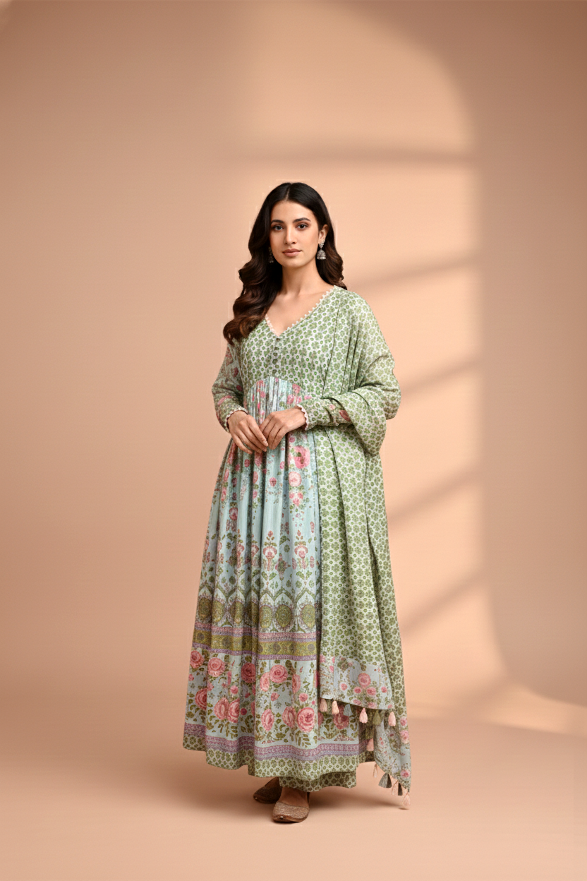 Green Mulmul Embroidered Kurta Palazzo Set with Dupatta