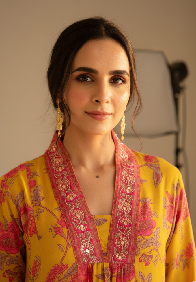 Mustard Printed Viscose Modal A-Line Gathered Yoke Kurta with Pink Printed Pant