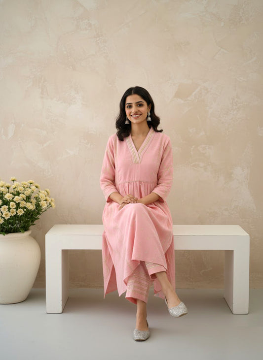 Pink Embroidered Mulmul Kurta Pant Set