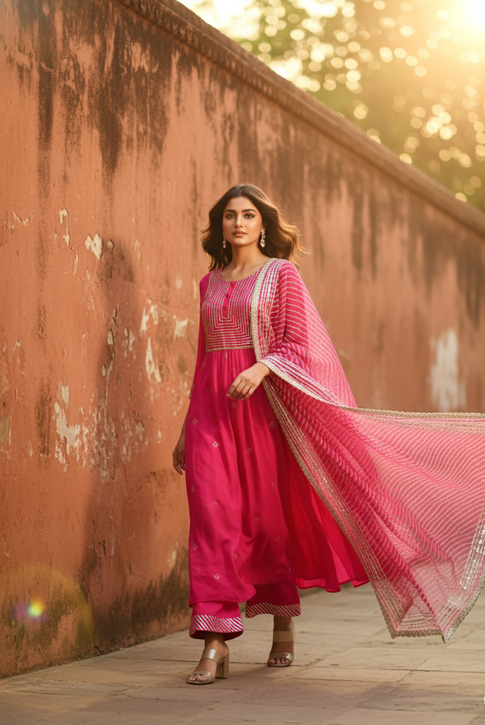 Pink Embroidered Mulmul Kurta Pant Set