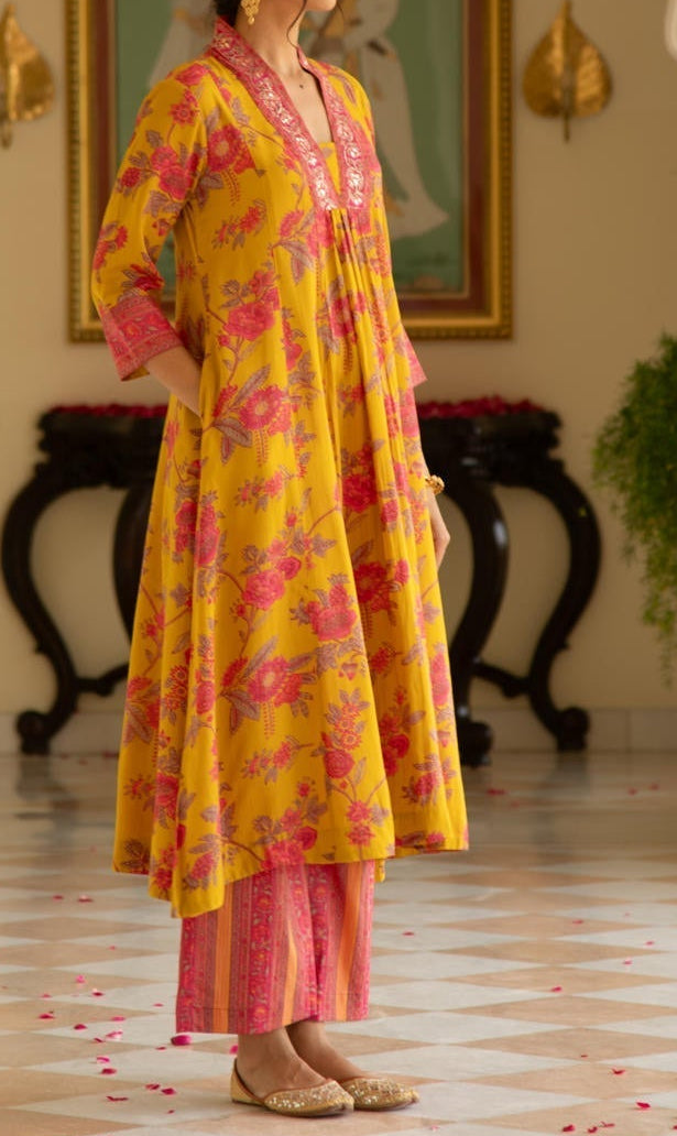 Mustard Printed Viscose Modal A-Line Gathered Yoke Kurta with Pink Printed Pant