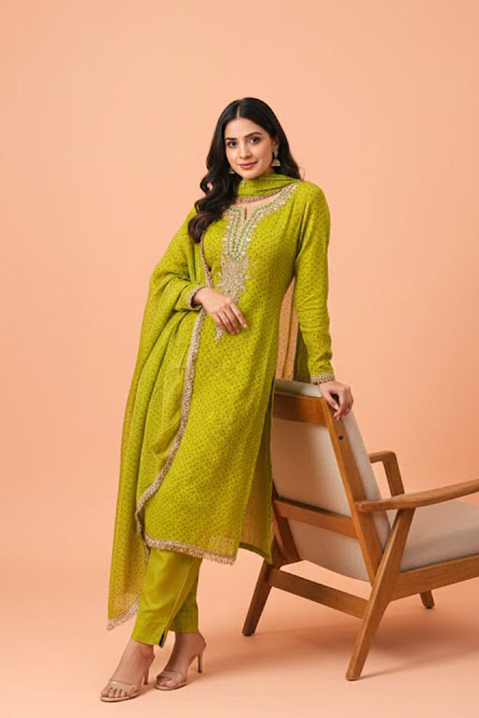 Fresh Green Silk 3-Piece Ethnic Suit Set – Kurta, Pant & Dupatta