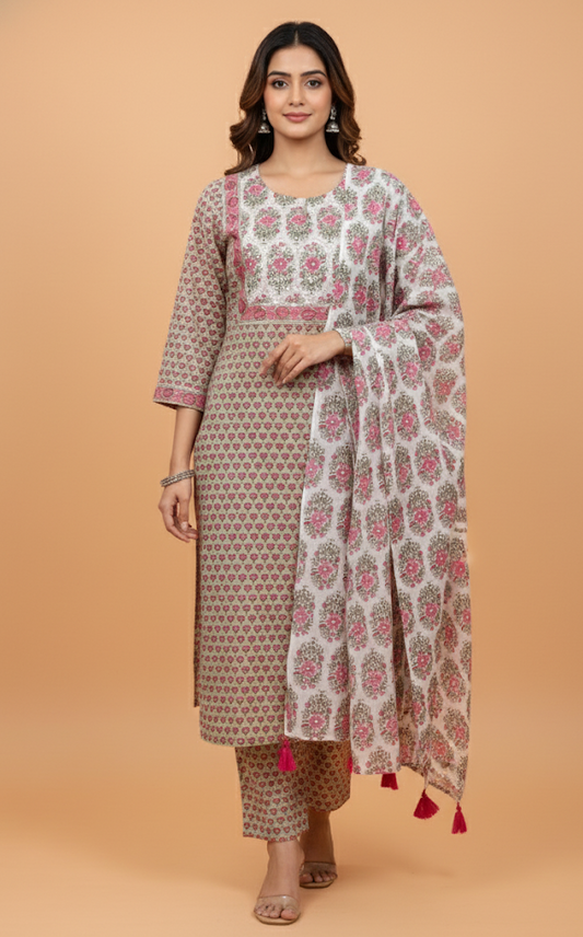 Multi colour  block print Cotton Kurta Pant Set with Dupatta