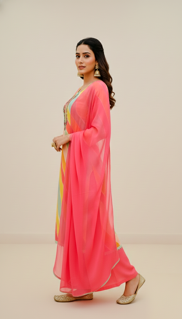 MULTI COLOUR Viscose Organza 3-Piece Ethnic Suit Set – Kurta, Pant & Dupatta