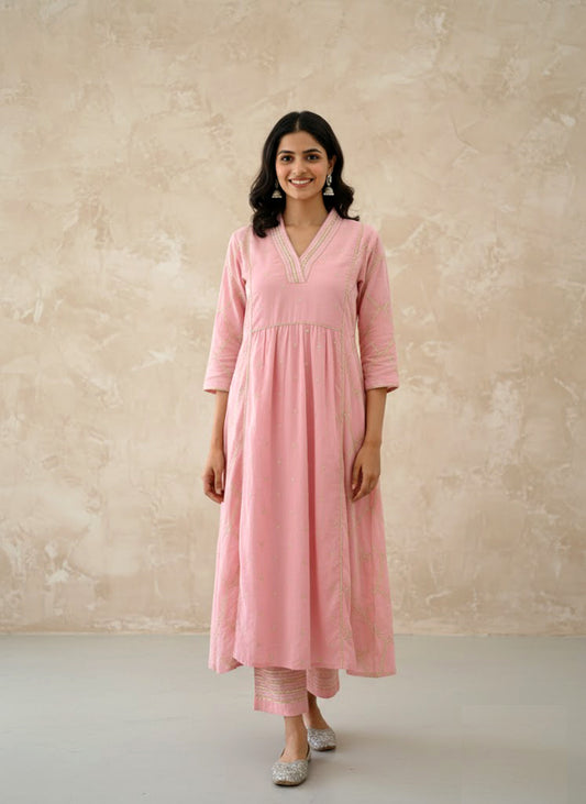 Pink Embroidered Mulmul Kurta Pant Set