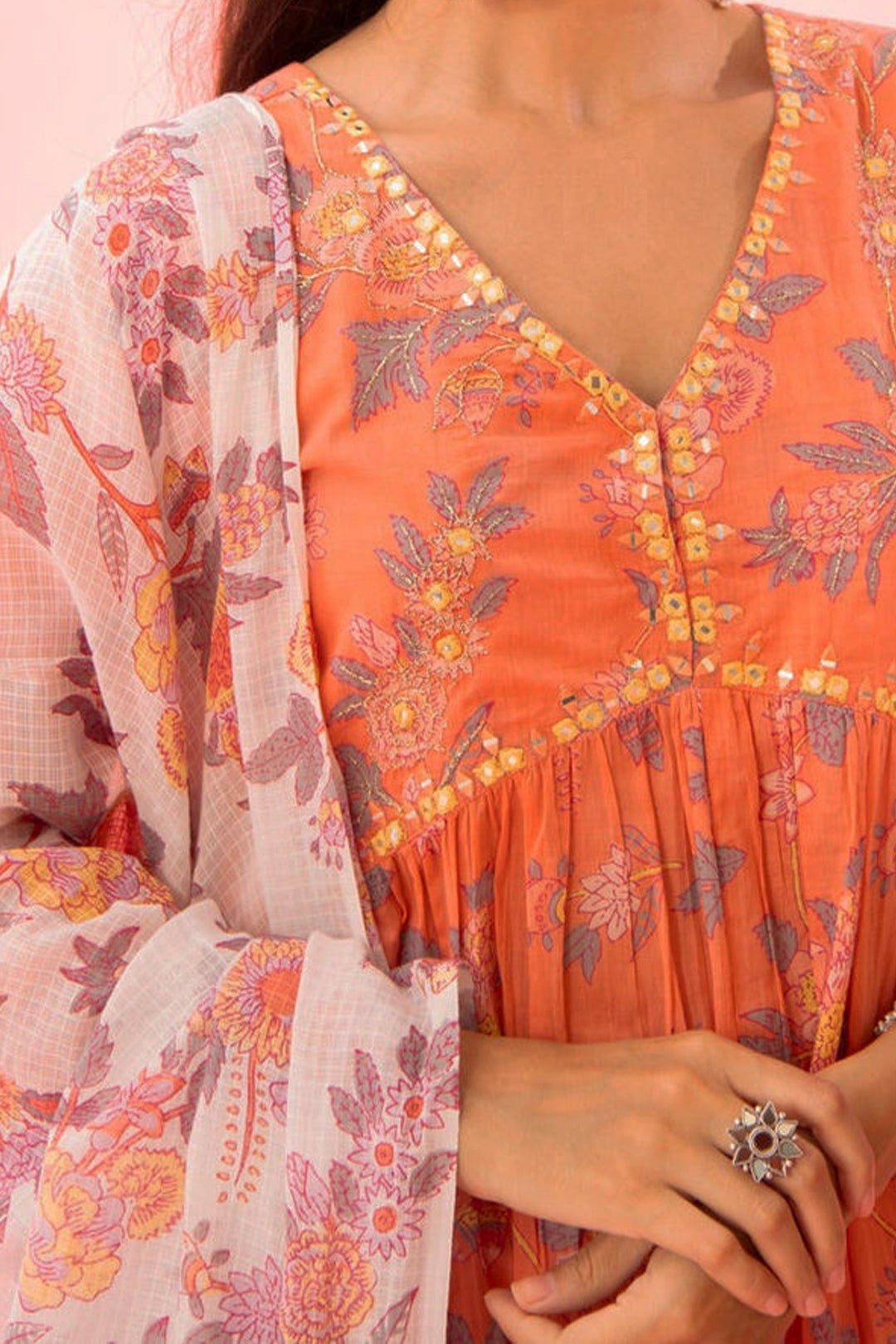 Orange Floral Printed A-Line Kurta Palazzo Set