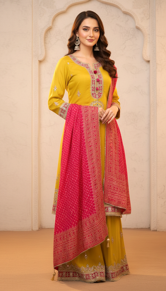 Mustard–Pink Ethnic Suit Set – Kurta, Palazo & Banarasi Silk Dupatta
