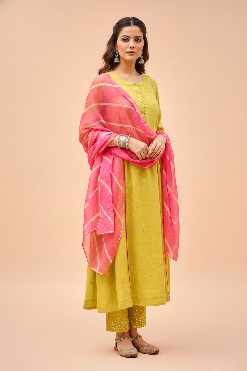 Lime Green Embroidered Kurta Pant Set with Dupatta