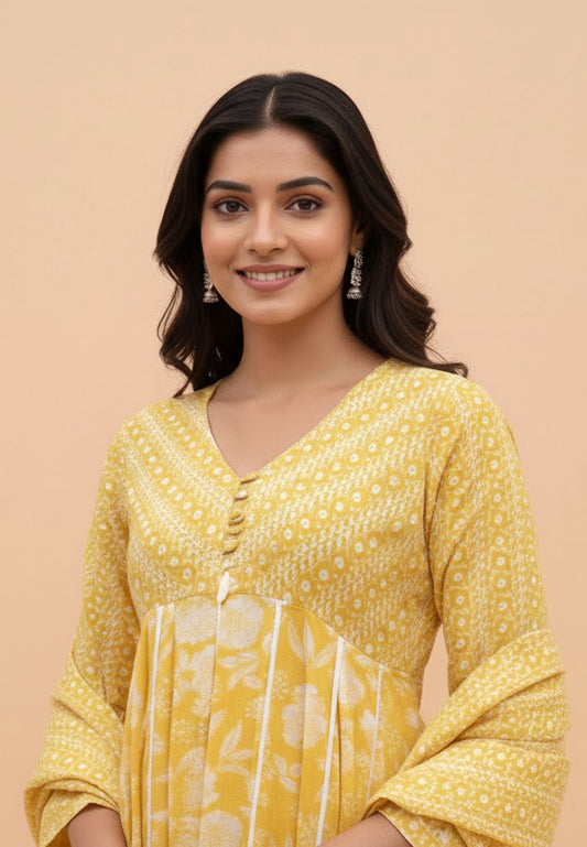 Yellow Floral Anarkali suit set