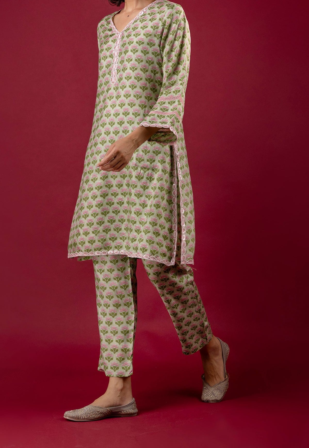 Pistachio Green Muslin Co-Ord Set with Embroidered Laces — Refined Comfort