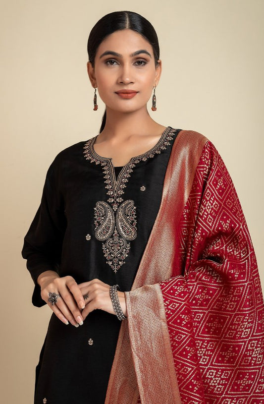 Black Pure Viscose silk Ethnic Suit Set – Kurta, Pant & Banarasi Silk Dupatta