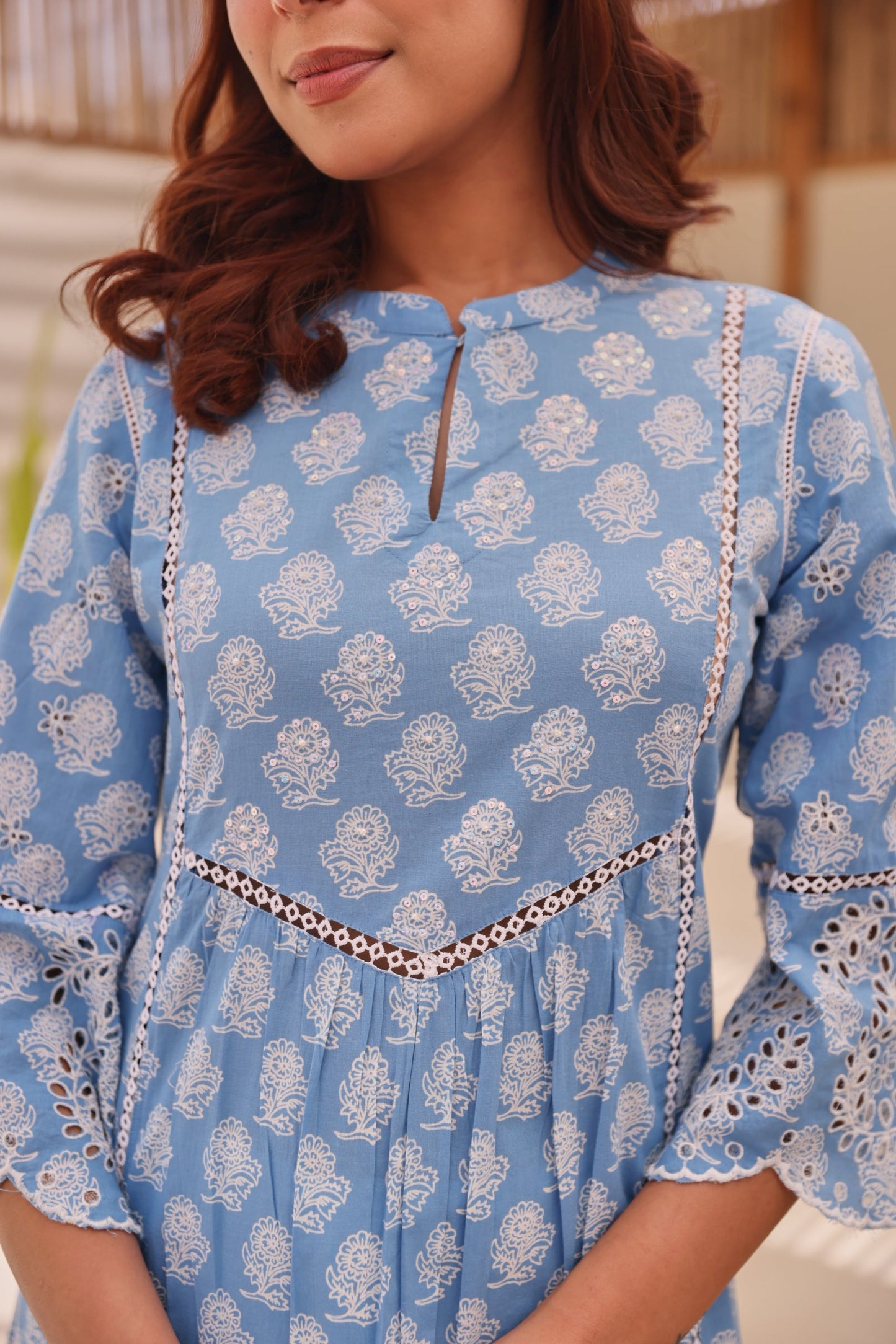 Blue Printed Cotton Kurta with Schiffli Lace & Sequin Work