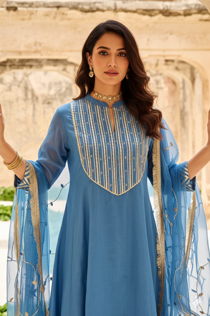 Blue Mulmul Gota Embellished Kurta-Pant-Dupatta Set