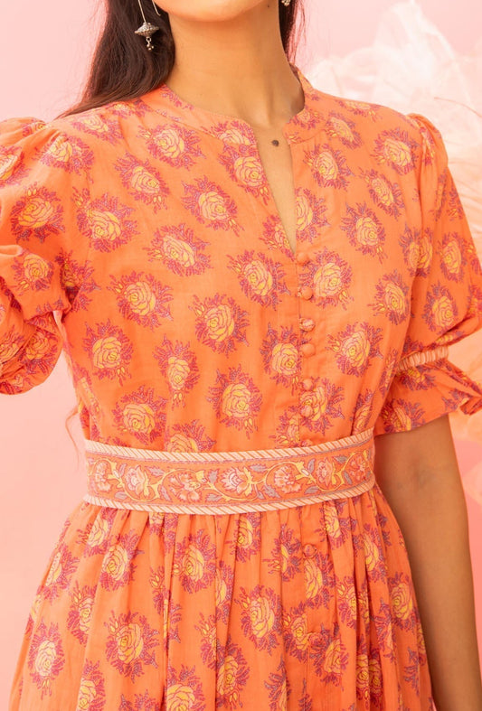 Orange Printed Tiered Maxi Dress with a Belt
