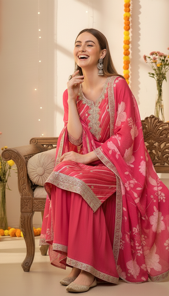 Floral Printed Kurta, Sharara And Dupatta Set