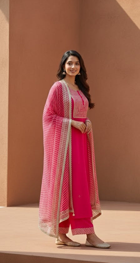 Pink Embroidered Mulmul Kurta Pant Set