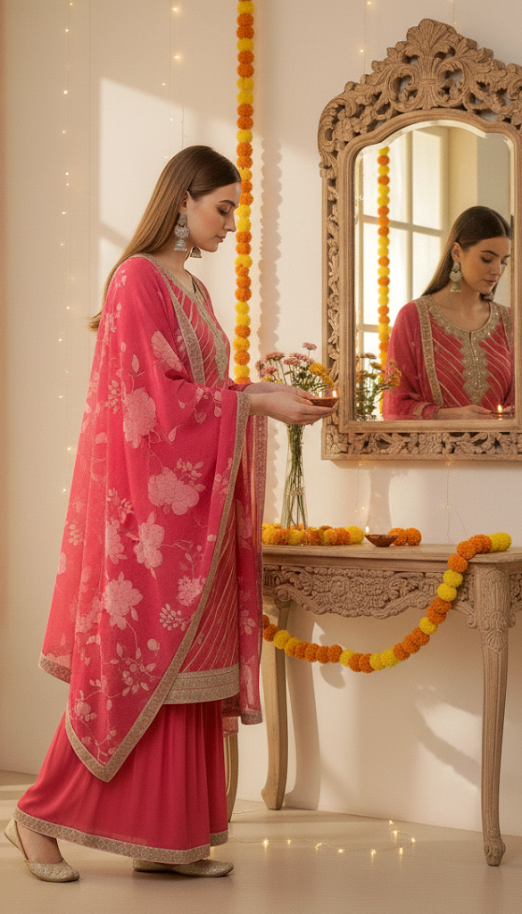 Floral Printed Kurta, Sharara And Dupatta Set