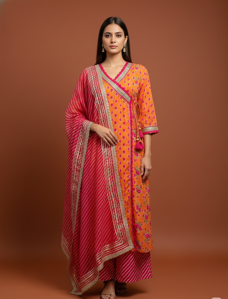 Vibrant Orange Mulmul Kalidaar Kurta with Zari Patch Embroidery