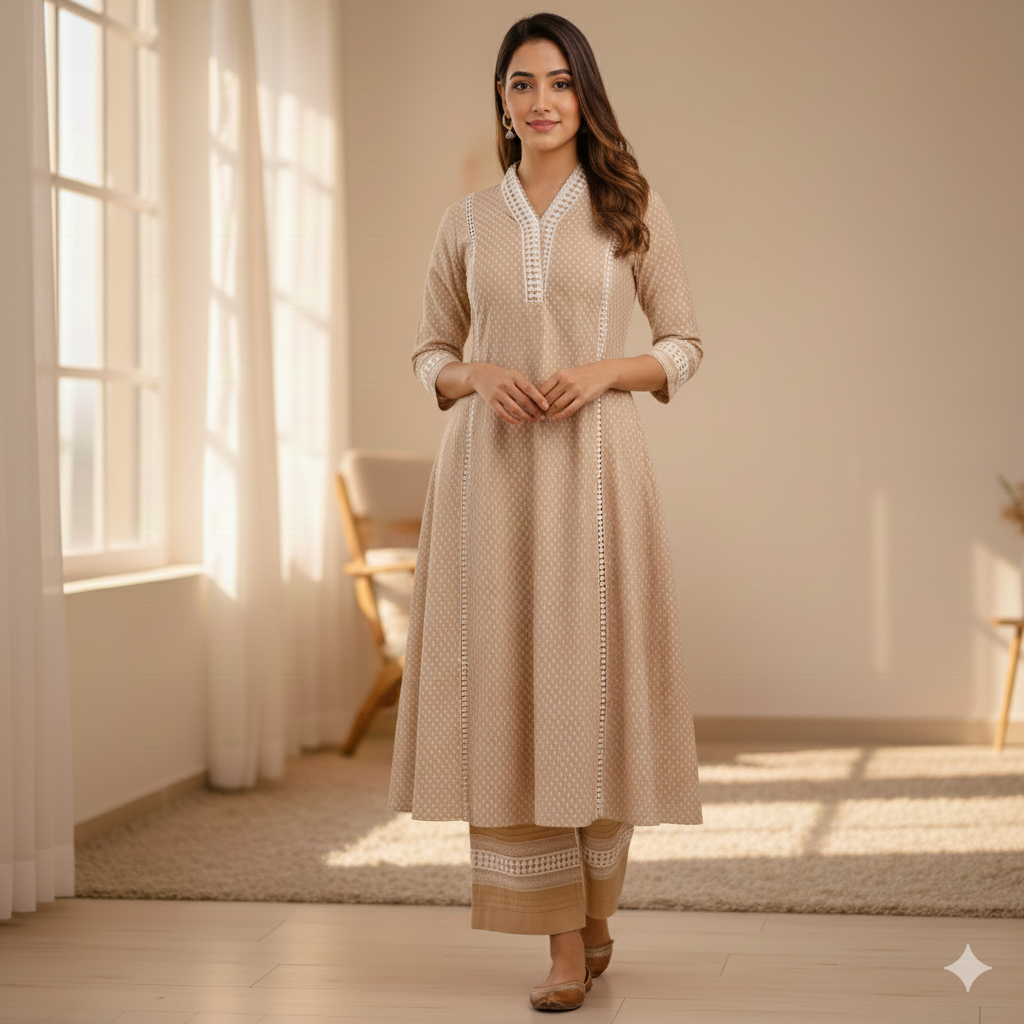 Beige A-Line Kurta with Crochet Lace