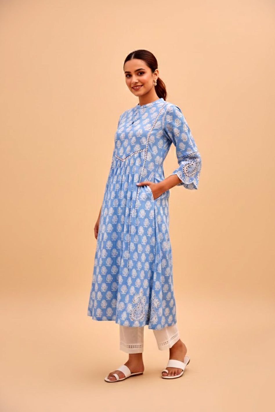 Blue Printed Cotton Kurta with Schiffli Lace & Sequin Work